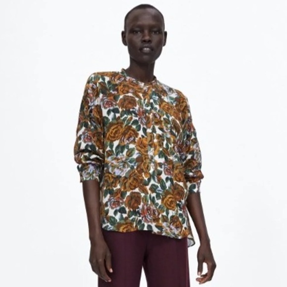 Zara Women’s Oversized Floral Popover Blouse Size XL - Picture 5 of 11